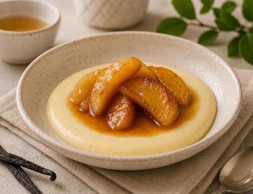 Creme inglês de baunilha com calda de maçã e chá: sobremesa clássica com toque de infusão